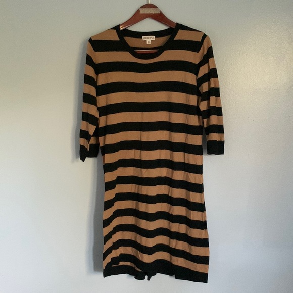 EUC Merona Brown and Black Knit Striped 3/4 Sleeve Mid-Thigh Sweater Dress - Picture 2 of 5